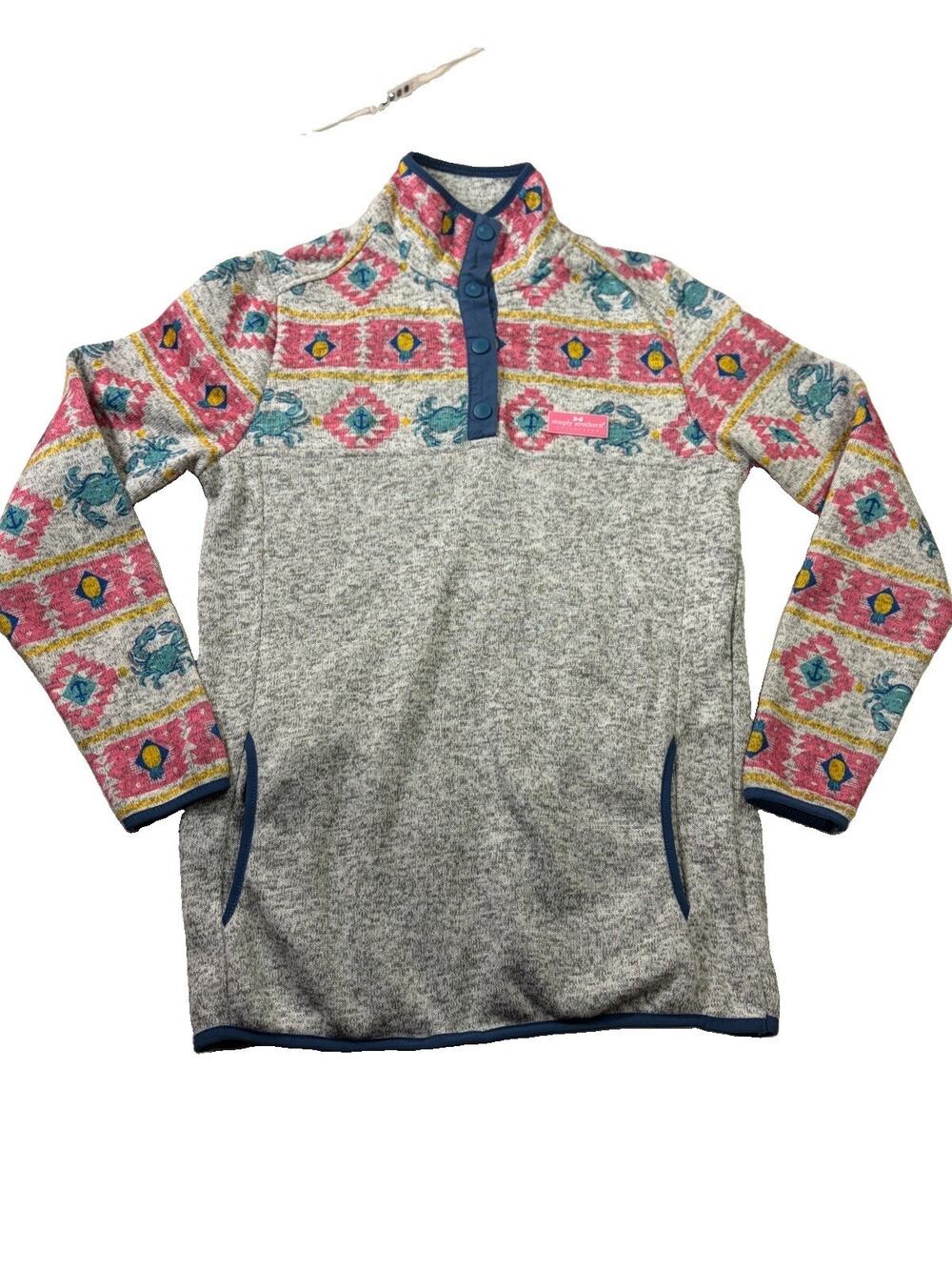 Simply Southern Pullover Women’s S Gray Crab Pineapple Coastal Snap Fleece